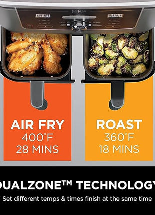 Ninja DZ401 Foodi 10 Quart 6-in-1 DualZone XL 2-Basket Air Fryer with 2 Independent Frying Baskets, Match Cook & Smart Finish to Roast, Broil, Dehydrate for Quick, Easy Family-Sized Meals, Grey