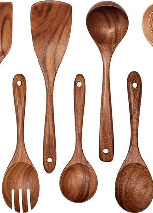 Wooden Non-Stick Kitchen Pan Toolset 7 Pieces Set,100% Natural Teak Kitchen Utensils Spatula, Wooden Cooking Utensils Spoons, Fried Spatula and Salad Fork