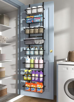 12 Inch Wide Narrow Over The Door Pantry Organizer, Pantry Organization and Storage, Black 8-Tier Metal Hanging Deep Basket Wall Spice Rack Seasoning Shelves, Home & Kitchen Essentials
