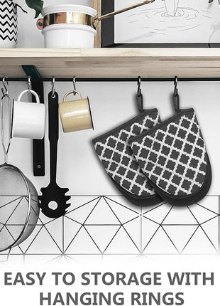 Qulable 1 Pair Short Oven Mitts - Silicone Kitchen Oven Gloves High Heat Resistant 500℉, Mini Oven Mits with Non-Slip Grip Surfaces and Hanging Loop for BBQ, Baking, Cooking and Grilling (Dark Gray)