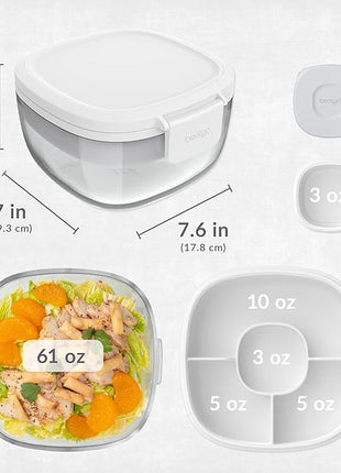 Bentgo Glass All-in-One Salad Container - Large 61-oz Salad Bowl with Lid, 4-Compartment Bento-Style Tray, 3-oz Sauce Container, and Reusable Fork - Dishwasher, Microwave, and Oven Safe (White)