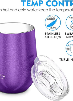 THILY Vacuum Insulated Stemless Wine Tumbler Triple-Insulated Stainless Steel Wine Glass with Lid, Reusable Straw, 12 oz, Wine, Coffee, Cocktails, Gifts Ideas for Women, Her, Girls, Purple