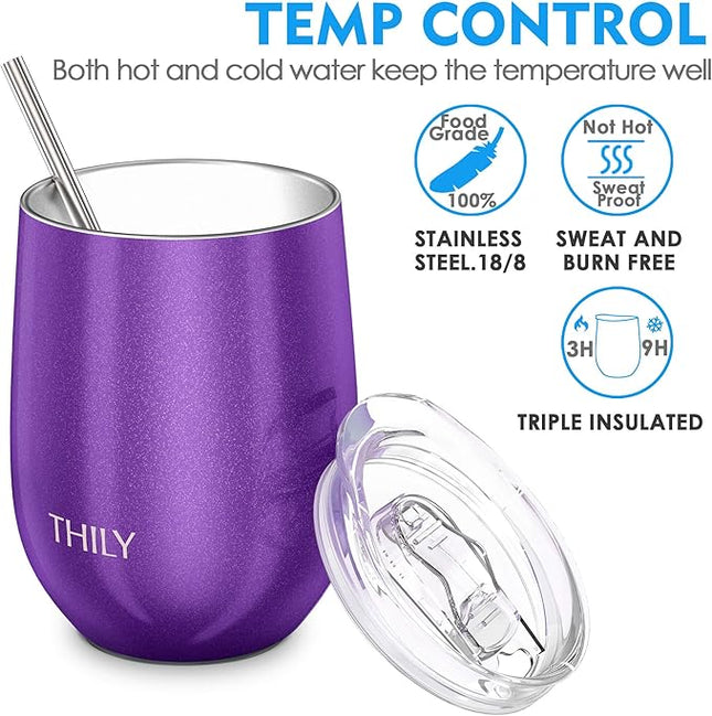 THILY Vacuum Insulated Stemless Wine Tumbler Triple-Insulated Stainless Steel Wine Glass with Lid, Reusable Straw, 12 oz, Wine, Coffee, Cocktails, Gifts Ideas for Women, Her, Girls, Purple