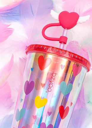 bzyoo 24 oz SIP Tumbler with Heart-Shaped w/Wing Straw Cap Cover – Cute Heart Design Iridescent Tumbler, BPA-Free Cup with Lid and Straw, Perfect for Iced Coffee, Tea, Party and Gift