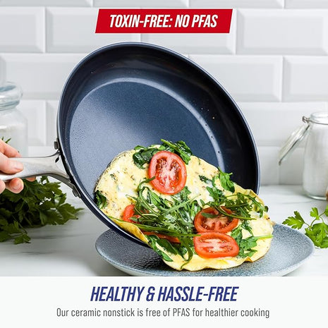 Blue Diamond 12" Nonstick Frying Pan Skillet, Diamond Infused PFAS & PTFE-Free Ceramic Pot, Dishwasher & Oven Safe, Stay Cool Handle, Durable Non Toxic Metal Utensil Safe, Egg & Omelet Pan, Blue