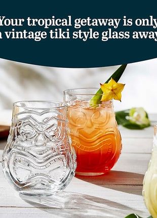 Libbey Tiki Split Glass Tumbler Set, Vintage-Style Quirky Drinking Glasses Set of 4, Exotic, Tall Drinking Glass Cups for Backyard Luau or Pool Party