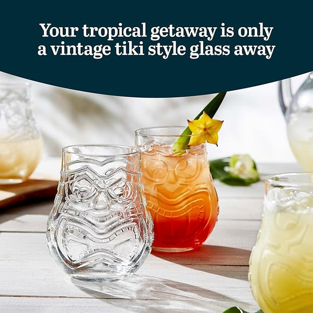 Libbey Tiki Split Glass Tumbler Set, Vintage-Style Quirky Drinking Glasses Set of 4, Exotic, Tall Drinking Glass Cups for Backyard Luau or Pool Party