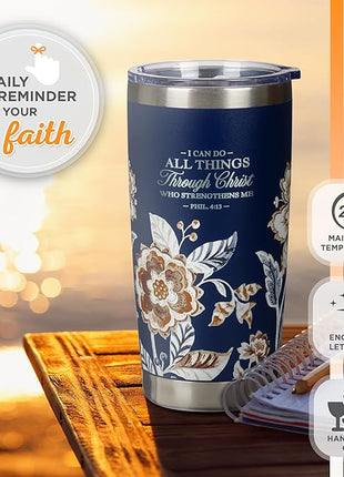 Christian Art Gifts Stainless Steel Scripture Tumbler Travel Mug for Women: All Things Through Christ Inspirational Bible Verse, Double-wall Vacuum Insulated w/Lid Hot/Cold, Navy Blue Floral, 18oz.