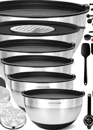 Priority Chef Stainless Steel Mixing Bowls with Lids Set - Premium 30Pcs with 6pc Metal Bowl Set for Kitchen, 3 Graters, Airtight Lids, Non-Slip Bases & Silicone Utensils, Black