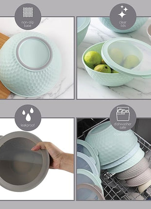 COOK WITH COLOR Mixing Bowls with Lids - 12 Piece Plastic Nesting Bowls Set includes 6 Prep Bowls and 6 Lids, Non Slip Bottom and Embossed Design - Microwave Safe (Mint)