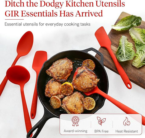 GIR: Get It Right 5-Piece Silicone Essentials Kitchen Utensils Set - Ladle, Spatula, Flip, Spoon & Spoonula - Non-Toxic Cooking Utensils for Nonstick Cookware, Cooking and Baking - Fire Red