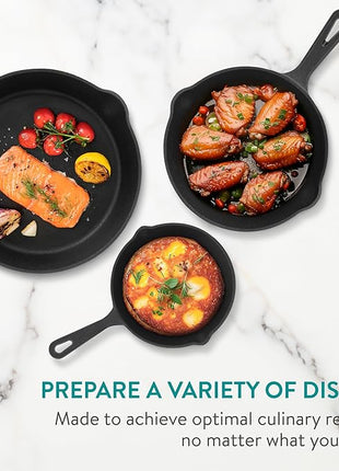 Navaris Cast Iron Skillet, 3 Pieces - Durable 15cm/20cm/25cm Cast-Iron Pan Set - Excellent Heat Retention, Ideal for Frying, Searing, and Sautéing - All-in-one Cookware Pot Set
