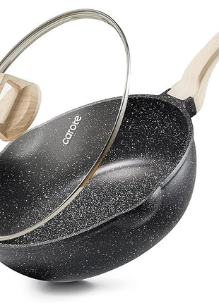 CAROTE 12Inch Nonstick Deep Frying Pan with Lid, 5.5 Qt Jumbo Cooker Saute Pan with Pour Spout, Skillet Induction Cookware, Non Stick Cooking Pan PFOA Free, Classic Granite