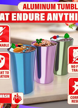 Retro Aluminum Cups 15 oz Set of 6 - Christmas Metal Tumblers for Cold Drinks, Festive Color-Finished Metal Cups for Drinking, Stackable and Dishwasher-Safe, for Home, Camping, Patio & Holiday Parties