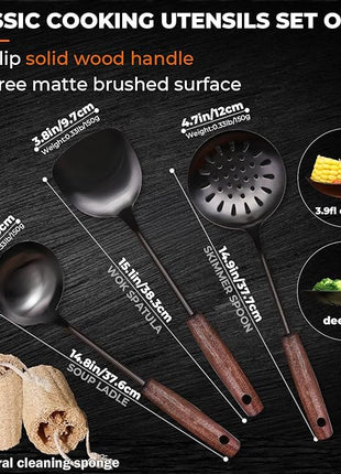 Wok Spatula and Ladle,Skimmer Ladle Tool Set,15 Inches 18/10 Stainless Steel Vintage Wok Utensils,Wok Spatula and Ladle Set with Solid Wooden Handle，Wok Accessories with Natural Cleaning Loofah Sponge
