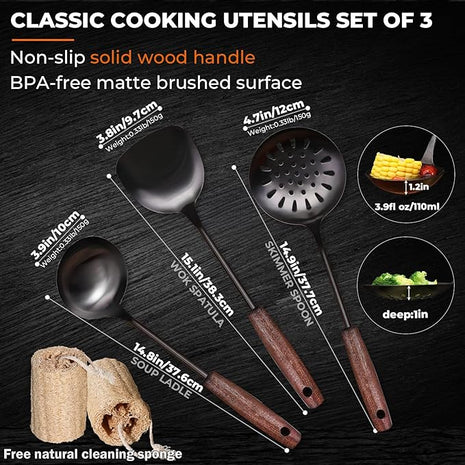 Wok Spatula and Ladle,Skimmer Ladle Tool Set,15 Inches 18/10 Stainless Steel Vintage Wok Utensils,Wok Spatula and Ladle Set with Solid Wooden Handle，Wok Accessories with Natural Cleaning Loofah Sponge