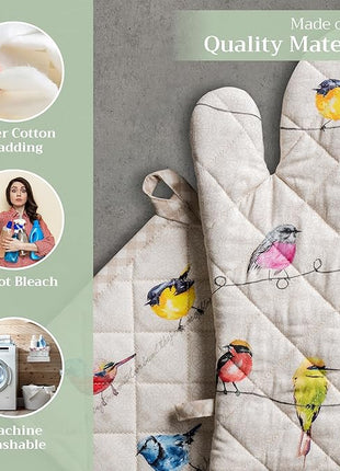 Maison d' Hermine 100% Cotton Oven Mitt & Pot Holder Set (7.5"x13" & 8"x8") Heat Resistant BBQ Cooking Gloves with Loop, Baking, Grilling, Kitchen, Handling Hot Pans Spring/Summer (Birdies On Wire)