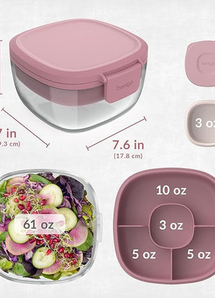 Bentgo Glass All-in-One Salad Container - Large 61-oz Salad Bowl with Lid, 4-Compartment Bento-Style Tray, 3-oz Sauce Container, and Reusable Fork - Dishwasher, Microwave, and Oven Safe (Rose)