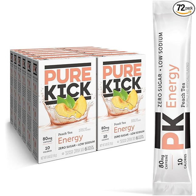 PURE KICK Energy Singles To Go Drink Mix, Peach Tea, Includes 12 Boxes with 6 Packets in each Box, 72 Total Packets