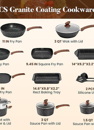 Kitchen Academy Induction Cookware Set-17 Piece Non-stick Cooking Pan Set, Black Granite Pots and Pans Set
