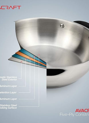 AVACRAFT 18/10 Stainless Steel Everyday Pan, Stir Fry, Five-Ply Base, Glass Lid, Multipurpose Stewpot Skillet, Saute, Casserole (11" Top Diameter, 8" Base Diameter)