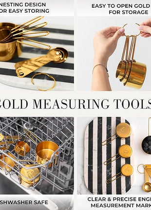 Gold Cooking Utensils with Measuring Cups and Spoons Set - 13-Piece Luxury Gold Kitchen Accessories Includes Metal Measuring Cups and Spoons for Baking, Cooking, and Elegant Kitchen Decor