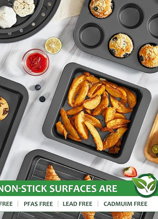 HONGBAKE Bakeware Sets, Baking Pans Set, Nonstick Oven Pan for Kitchen with Wider Grips, 10 Pieces Including Rack, Cookie Sheet, Cake Pans, Loaf Pan, Muffin Pan, Pizza Pan - Grey