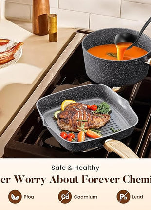 Kitchen Academy Granite Nonstick Cookware Set - 17 Piece Gray Cooking Pans Set, Induction Pots and Pans Set Non Stick, PFOA & PFOS Free.