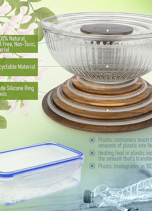 Stackable Space-Saving Set of 5 Nesting Glass Bowls with Acacia Lids for Foodprep, Storage, Mixing & Cooking - Microwave & Oven-ready BPA Free Durable Heat Resistant Inert Borosilicate Glass