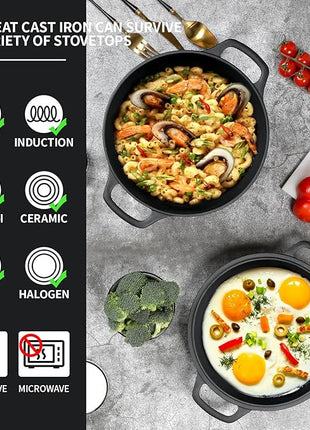 2-in-1 Pre-Seasoned Cast Iron Dutch Oven Pot with Skillet Lid Cooking Pan, Cast Iron Skillet Cookware Pan Set with Dual Handles Indoor Outdoor for Bread, Frying, Baking, Camping, 7QT