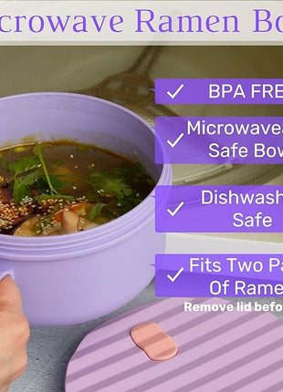 AI LOVE PEACE Ramen Bowls, 40 oz Large Microwavable Noodle Bowls (2 Purple) with Chopsticks, Sporks, and Utensil Bag, Portable Microwave Bowl for Home, Office, Dorm, or College Gift.