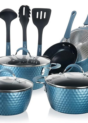 NutriChef 11 Pc Pots and Pans Set - Non Stick Cookware Set with Ceramic Coating, Ergonomic Handles, Induction Ready, Includes Saucepan, Dutch Oven, Large & Small Fry Pans - Royal Blue