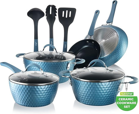 NutriChef 11 Pc Pots and Pans Set - Non Stick Cookware Set with Ceramic Coating, Ergonomic Handles, Induction Ready, Includes Saucepan, Dutch Oven, Large & Small Fry Pans - Royal Blue