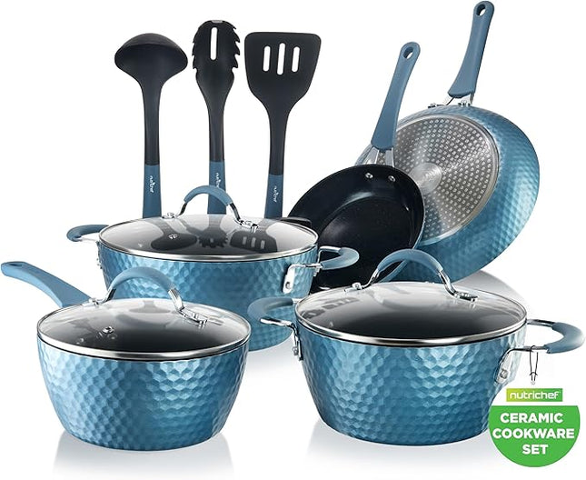 NutriChef 11 Pc Pots and Pans Set - Non Stick Cookware Set with Ceramic Coating, Ergonomic Handles, Induction Ready, Includes Saucepan, Dutch Oven, Large & Small Fry Pans - Royal Blue