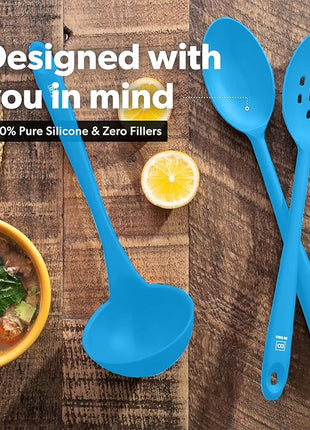 DI ORO Silicone Ladle & Spoons for Cooking – Large Kitchen Spoons for Mixing, Serving, & Stirring - Soup Ladle with Wide Bowl - High Heat Silicone Kitchen Utensils for Nonstick Cookware Safe (Blue)