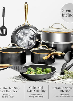 Gotham Steel 15 Pc Ceramic Cookware Set Nonstick, Ceramic Pots and Pans Set Non Stick with Steamer & Cooking Utensils, Non Toxic PFOA PFOS Free, Premium Stay Cool Handles, Oven & Dishwasher Safe