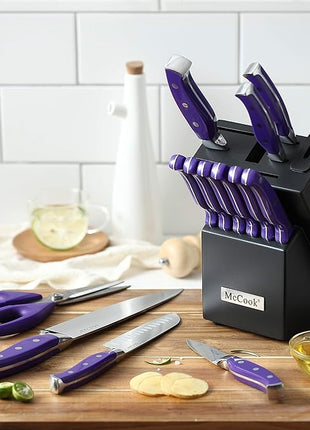 McCook MC27 14 Pieces Stainless Steel kitchen knife set with Wooden Block, Kitchen Scissors and Built-in Sharpener, Purple