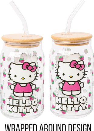 Silver Buffalo Sanrio Hello Kitty Strawberry Glass Jar Tumbler with Bamboo Lid and Glass Straw, 16 Ounces (Pack of 12)