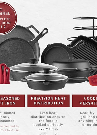 Cuisinel Cast Iron Cookware Set - Complete Pre-Seasoned Kit - 8" Skillet & 10" + 12" Skillets with Glass Lid + Grill Pan + Multi-Cooker/Dutch Oven + Flat Griddle + Pizza Pan + Organizer Rack - 2024