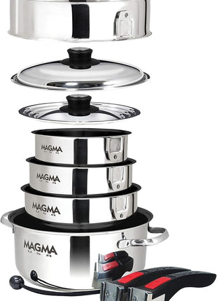 Magma 10 Piece Gourmet Nesting Stainless Steel Cookware Set with Ceramica Non-Stick, Induction Compatible, Oven Safe to 500°F - Suitable for All Stovetops, Removable Handles, Silver