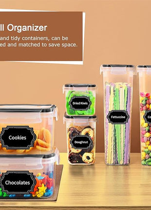 PRAKI Airtight Food Storage Containers Set, 16 Pcs BPA Free Plastic Dry Food Canisters for Kitchen Pantry Organization and Storage Ideal for Cereal, Flour & Sugar - Labels, Marker(Black)