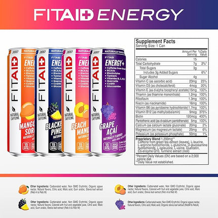 LIFEAID FITAID Energy, 200mg Natural Caffeine, Keto, Variety Pack, Optimum Performance Formula: BCAAs, Quercetin, Electrolytes, Omega-3s, 15 Calories, Paleo, Vegan & Gluten-Free, 12 Fl Oz (Pack of 12)
