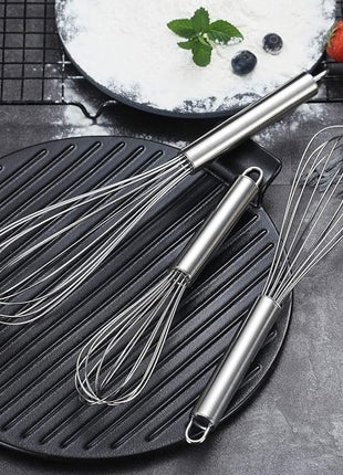 Berglander Whisk Set Pack of 3, Stainless Steel Whisks for Cooking 8",10",12", Wire Ballon Wisk (Silver)