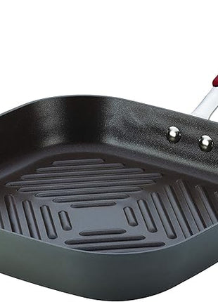 Rachael Ray Cucina Hard-Anodized Nonstick 11-Inch Deep Square Grill Pan, Gray with Cranberry Red Handle - 87632