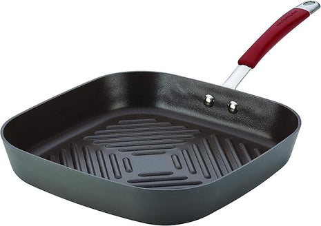 Rachael Ray Cucina Hard-Anodized Nonstick 11-Inch Deep Square Grill Pan, Gray with Cranberry Red Handle - 87632