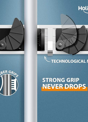 Holikme Mop Broom Holder Wall Mount Metal Pantry Organization and Storage Garden Kitchen Tool Organizer Wall Hanger for Home Goods (4 Positions with 4 Hooks, Black)