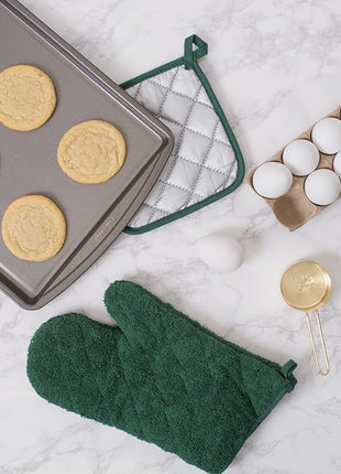 DII Basic Terry Collection 100% Cotton Quilted, Oven Mitt, Dark Green, 2 Piece