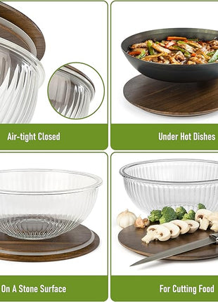 Stackable Space-Saving Set of 5 Nesting Glass Bowls with Acacia Lids for Foodprep, Storage, Mixing & Cooking - Microwave & Oven-ready BPA Free Durable Heat Resistant Inert Borosilicate Glass
