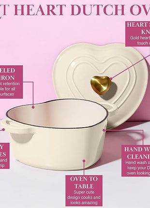 Paris Hilton Enameled Cast Iron Dutch Oven Heart-Shaped Pot with Lid, Dual Handles, Works on All Stovetops, Oven Safe to 500°F, 2-Quart, Cream