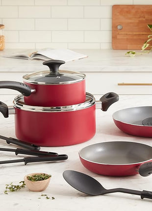 BELLA Cookware Set, 12 Piece Pots and Pans with Utensils, Nonstick PFOA Free Scratch Resistant Cooking Surface Compatible with All Stoves, Nylon and Aluminum, Red